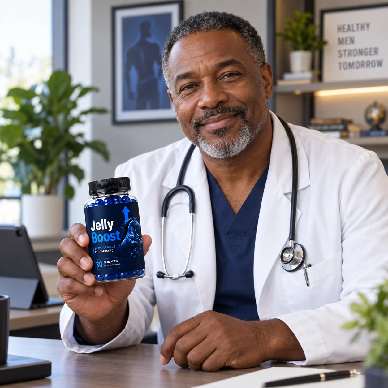 Dr. Marcus Whitfield, MD, smiling in a white coat holding a bottle of JellyBoost® gummies in his office